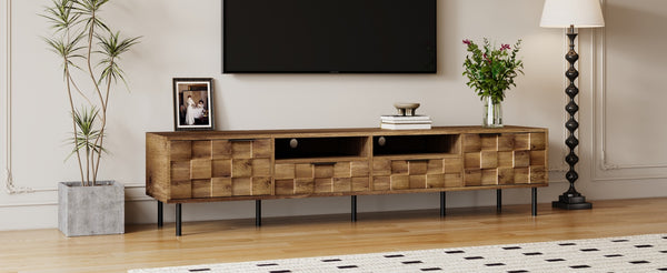 English Elm Mid retro TV Stand for TVs up to 85" — Medieval-inspired media console with 2 drawers, 4 cabinets, cable management Natural N710P193724P