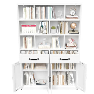 English Elm 71" Tall Metal Bookcase with Open Shelves Drawers and Cabinet Doors for Modern Office T2398S00002