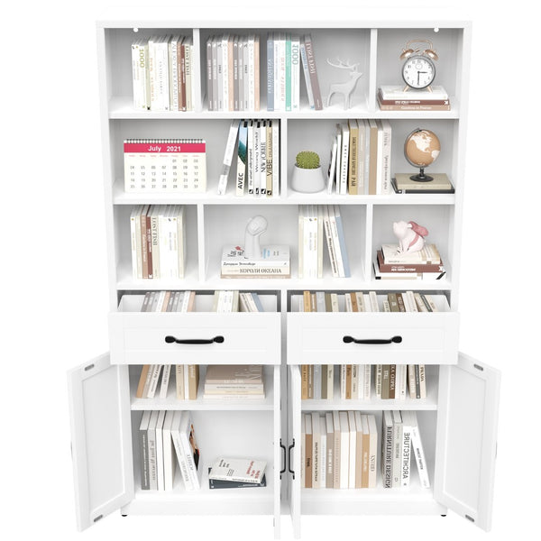 English Elm 71" Tall Metal Bookcase with Open Shelves Drawers and Cabinet Doors for Modern Office T2398S00002