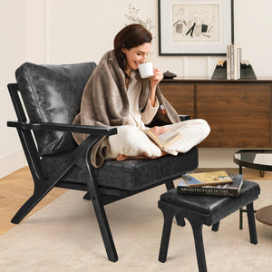 English Elm Mid-Century PU Leather Accent Chair with Ottoman — Ergonomic Thick Upholstery, Flared Legs, Durable Comfort Black T3950P397487