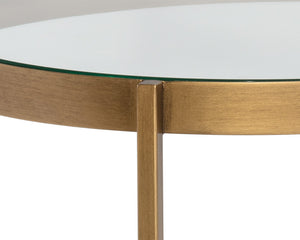 Sunpan Gia Coffee Table – Elegant Round Glass Top with White Concrete Shelf & Antique Brass Frame Design