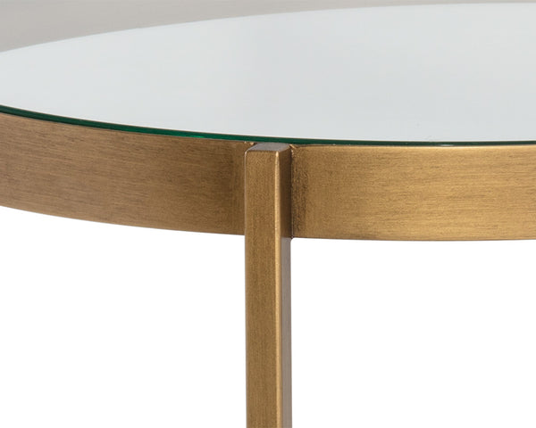 Sunpan Gia Coffee Table – Elegant Round Glass Top with White Concrete Shelf & Antique Brass Frame Design