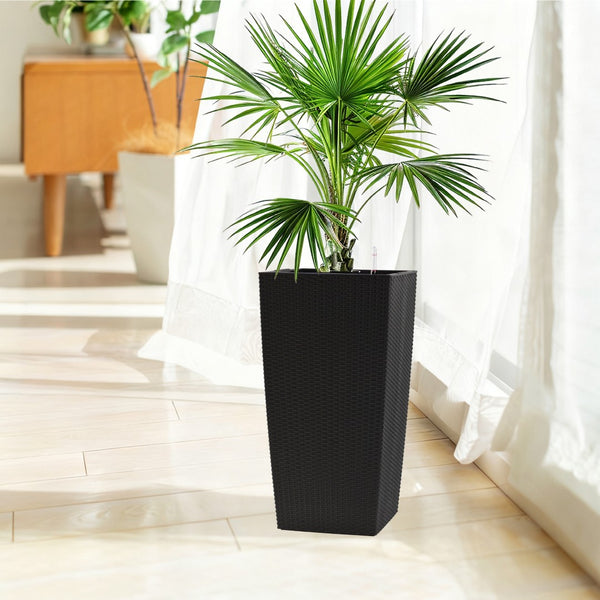 English Elm 30 Inch Tall Faux Rattan Planter Self Watering Outdoor Indoor Patio Garden Pot Black W3213P325511