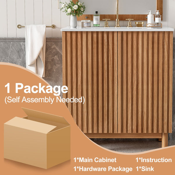 English Elm 29.9-inch Transitional Bathroom Vanity with Ceramic Sink Soft-close Doors Wood Legs N729P339777O