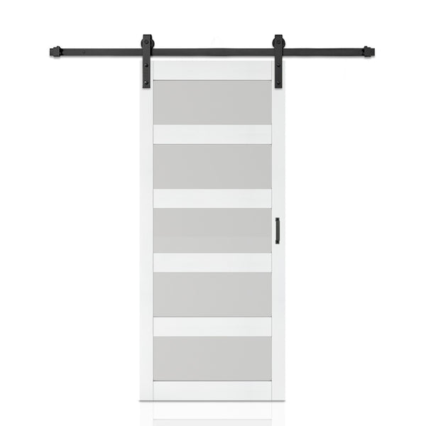 English Elm 30 in Matte Black Steel Sliding Barn Door Frosted Glass Privacy Panel with Hardware B2763P483232