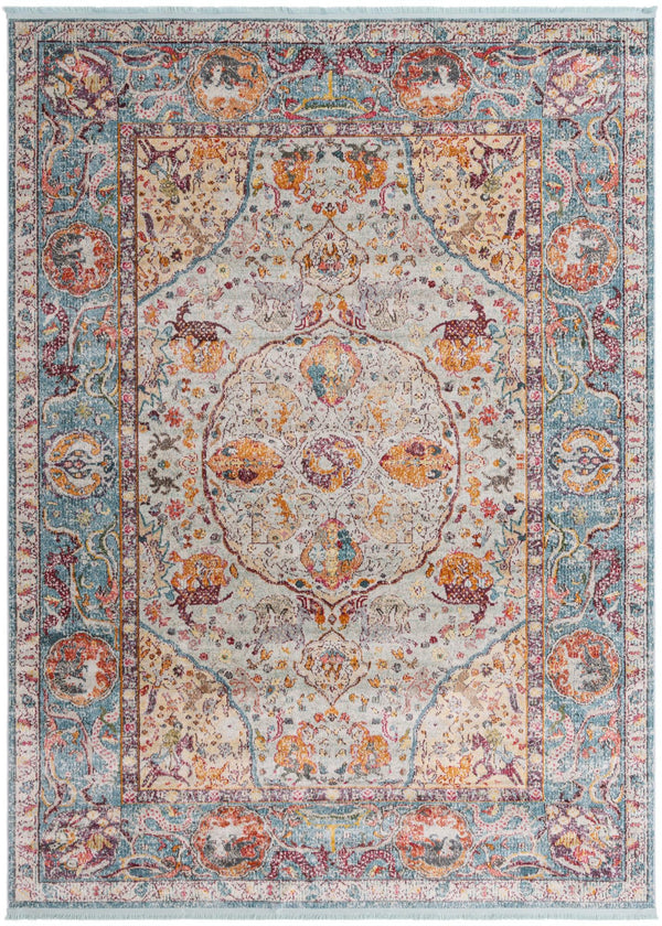 Unique Loom Baracoa Rumba Machine Made Border Rug Light Blue, Cream/Gold/Orange/Purple/Red 8' 0" x 11' 0"