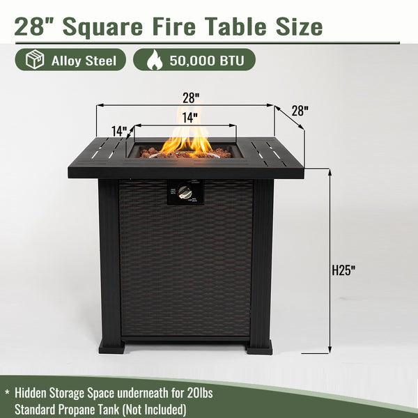 English Elm 28" 28inch Propane Fire Pit Table 50000 BTU Square Steel Outdoor Patio Table with Rocks Lid Black W853102853