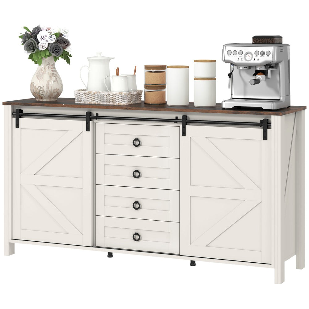 English Elm Farmhouse Buffet Cabinet with Sliding Barn Doors Four Drawers Distressed Cream Finish T3971S00095