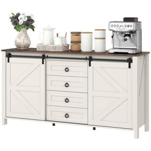 English Elm Farmhouse Buffet Cabinet with Sliding Barn Doors Four Drawers Distressed Cream Finish T3971S00095