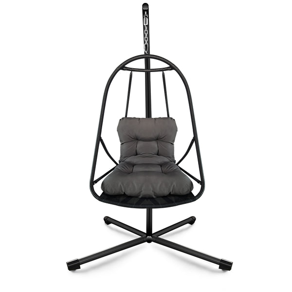 English Elm Swing Egg Chair with Stand - Foldable Rattan Hanging Basket Seat, Cushioned Comfort, Cup Holder Black W2707P388616