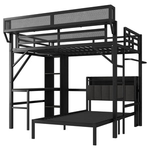 English Elm Full Full over Twin Metal Bunk Bed with Desk, Bookshelves, LED Lighting & USB Charge Station, Black W2580S00040