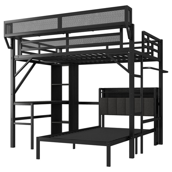 English Elm Full Full over Twin Metal Bunk Bed with Desk, Bookshelves, LED Lighting & USB Charge Station, Black W2580S00040