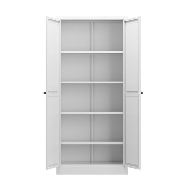 English Elm 61" White Metal Pantry Cabinet – 4 Adjustable Shelves (110 lb Each), Heavy-Duty Freestanding Organizer, Scratch-Resistant Finish, Rounded Handles, Side Hooks, Versatile Kitchen & Living Storage W2735P351633