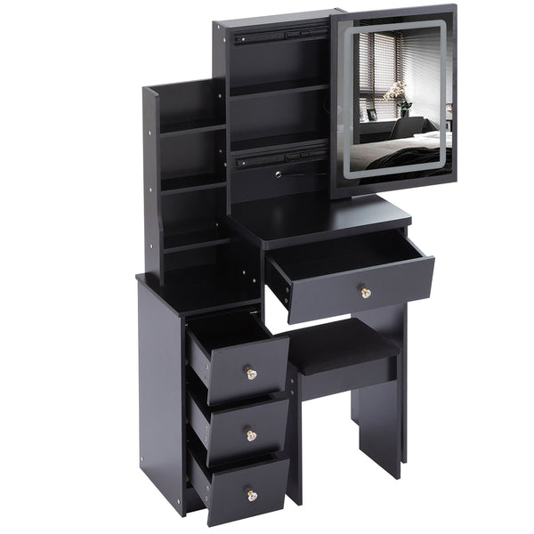 English Elm 29.2" Compact Vanity Set With Led Mirror, Cushioned Stool & Ample Storage For Small Spaces W936P202365