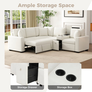 English Elm 120.5" L-shaped Convertible Sofa Bed Modular Sectional with Pull-Out Sleeper, Chenille, Storage, Cup Holders White N719S001940K