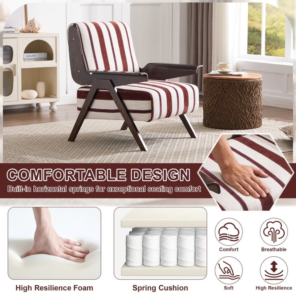 English Elm Modern Striped Linen Accent Chair Solid Wood Legs Wide Armrests for Living Room W1249P479887