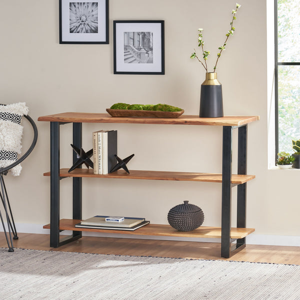 English Elm Christopher Knight Home® - MEDIA Console Table Natural Acacia & Iron Frame, Handcrafted Modern Industrial Etagere for TV Storage 69053.00