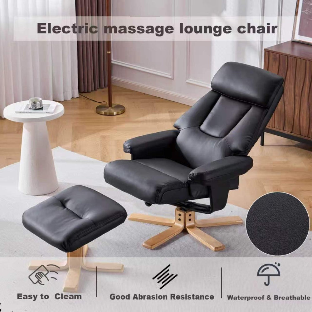 English Elm Black Pu Leather Swivel Accent Chair with Ottoman Heated Massage Wood Base Lounge W3248P465018