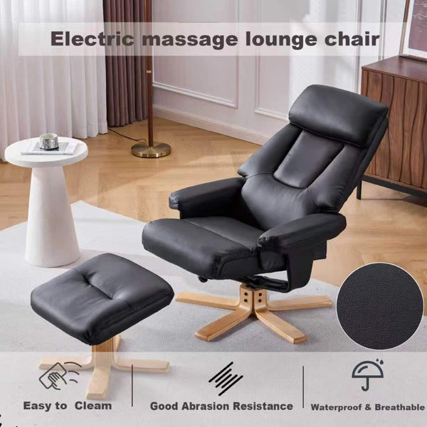 English Elm Black Pu Leather Swivel Accent Chair with Ottoman Heated Massage Wood Base Lounge W3248P465018