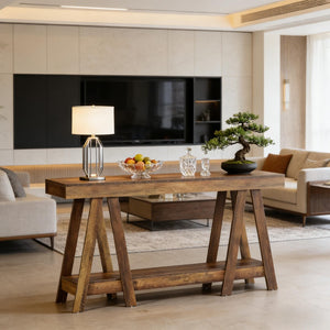 English Elm Hall Console Table Industrial Rustic Two Tier Wood Tone Metal Frame Entryway Sofa T3971P452393
