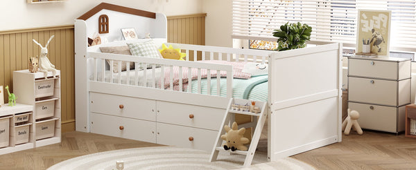 English Elm Twin Bed Frame with Storage Drawers and House Headboard, Kids Platform Bed with Guardrail Ladder and Shelf White 49.3 L x 16.25 W x 7.75 H N733S278032K