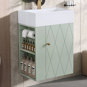 English Elm 20 Modern Wall-Mounted Bathroom Vanity with Ceramic Sink, Diamond Door, Gold Handles & Shelves — Compact Green N725P314033F