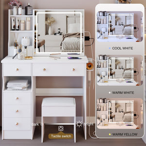English Elm 37" Vanity Table Set with Led Mirror Stool Built-in Outlets and Hair Dryer Storage White W3258P448842
