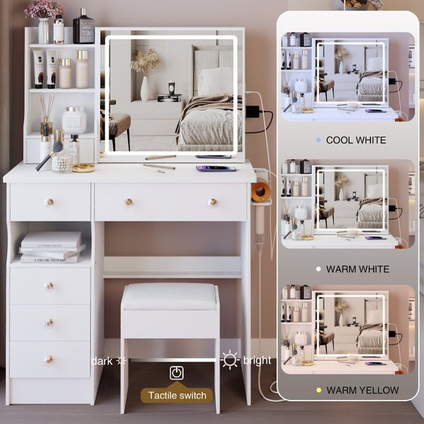 English Elm 37" Vanity Table Set with Led Mirror Stool Built-in Outlets and Hair Dryer Storage White W3258P448842