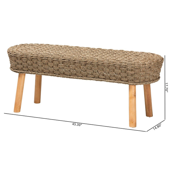 English Elm Modern Woven Seagrass Acacia Wood Bench Organic Boho Accent for Entryway or Bedroom B2750P467726