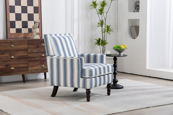 English Elm Upholstered Vintage Armchair with Striped Linen Look, Nailhead Trim, High-Density Foam Comfort Blue W2530P174775