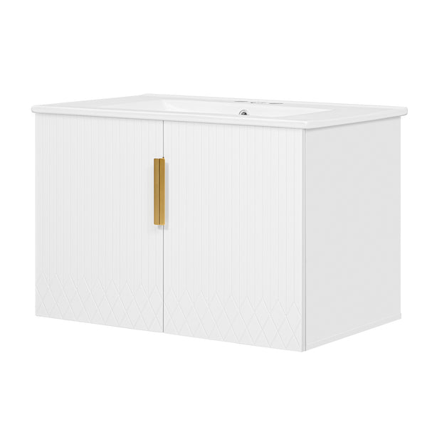 English Elm 30" Vintage Bathroom Vanity with Ceramic Sink — Wall-Mount MDF & Solid Wood Cabinet, Storage, Sleek Finish White N710P214100K