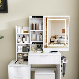 English Elm Modern Makeup Vanity Desk with Led Lighting Four Drawers Mirror and Built-in Power Outlet White W509P465830