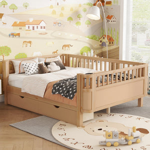 English Elm Full Solid Wood Kids Platform Bed with Guardrail, Low-Profile Durable Pine & MDF, 350LB Capacity Natural 69.69 L x 18.5 W x 8.66 H W2593P331687