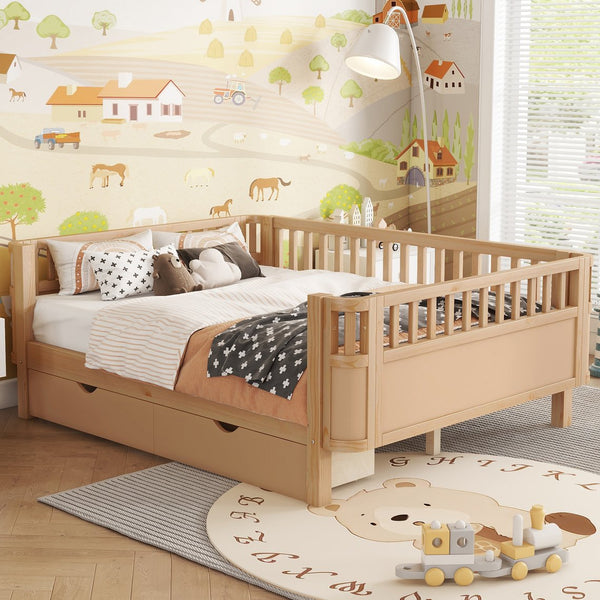 English Elm Full Solid Wood Kids Platform Bed with Guardrail, Low-Profile Durable Pine & MDF, 350LB Capacity Natural 69.69 L x 18.5 W x 8.66 H W2593P331687