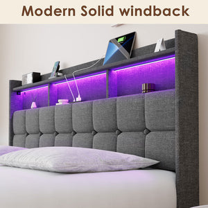 English Elm King LED Upholstered Bed Frame with Storage Headboard, 2 Drawers, Fast Charging Ports & Mood Lights W1550P190366