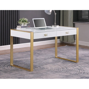 English Elm Modern Lacquer Wood Desk with Brushed Gold Legs and Dual Acrylic Handle Drawers B011P422558