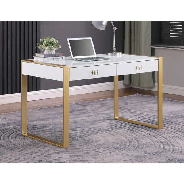 English Elm Modern Lacquer Wood Desk with Brushed Gold Legs and Dual Acrylic Handle Drawers B011P422558