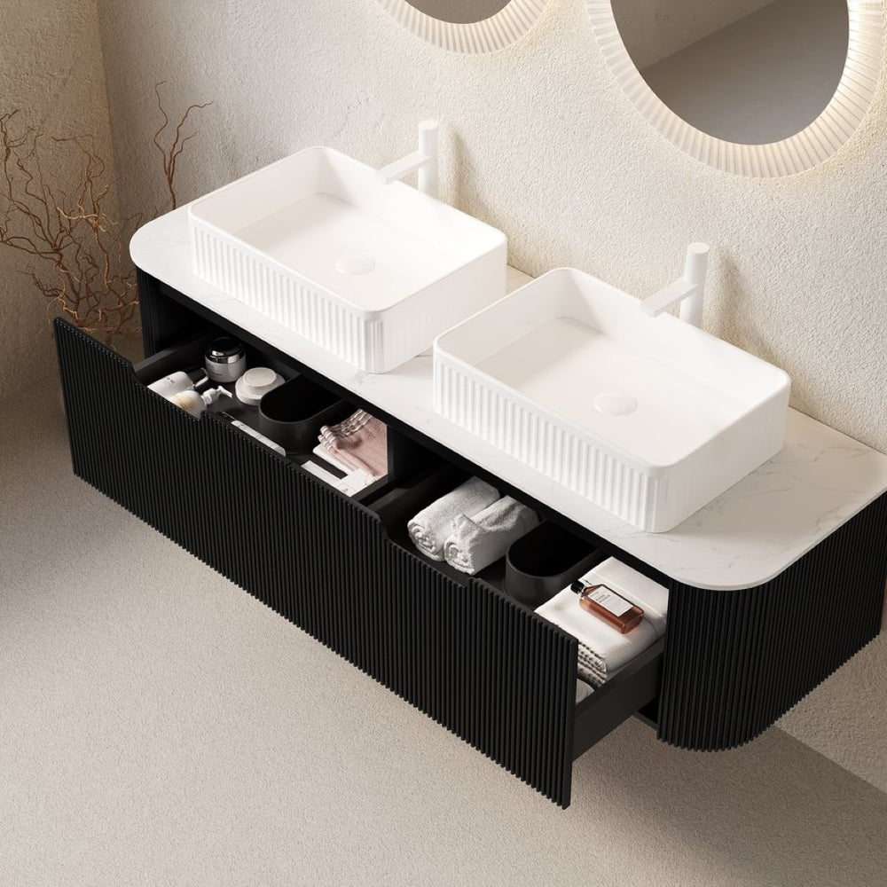 English Elm Dina 60 Inch Floating Bathroom Vanity Sintered Stone Top Dual Glass Basins Wood Grain Black,White W2615S00172