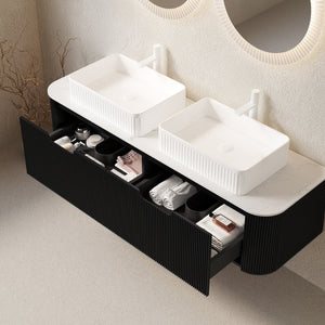 English Elm Dina 60 Inch Floating Bathroom Vanity Sintered Stone Top Dual Glass Basins Wood Grain Black,White W2615S00172