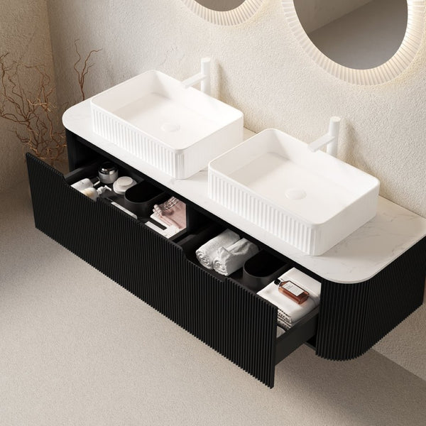 English Elm Dina 60 Inch Floating Bathroom Vanity Sintered Stone Top Dual Glass Basins Wood Grain Black,White W2615S00172