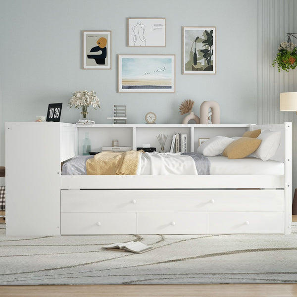 English Elm Full Size Daybed With Trundle & Desk, Solid Pine Frame, Storage Drawers, Modern White Design W1580S00205