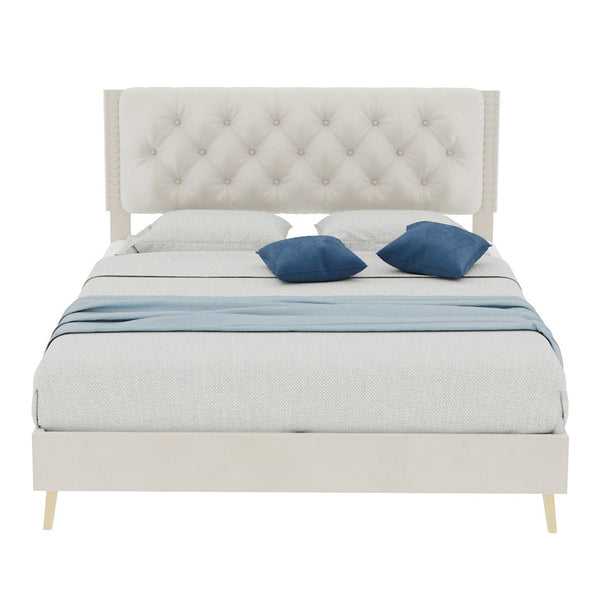 English Elm Suede Tufted Platform Bed Full Size Upholstered Headboard for Restful Bedroom Retreat Beige W1935P361000