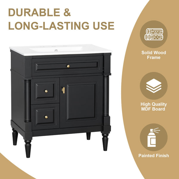 English Elm 30" Freestanding Bathroom Vanity Rubberwood Frame Ceramic Sink Flip Drawer Storage Black N725P356062B