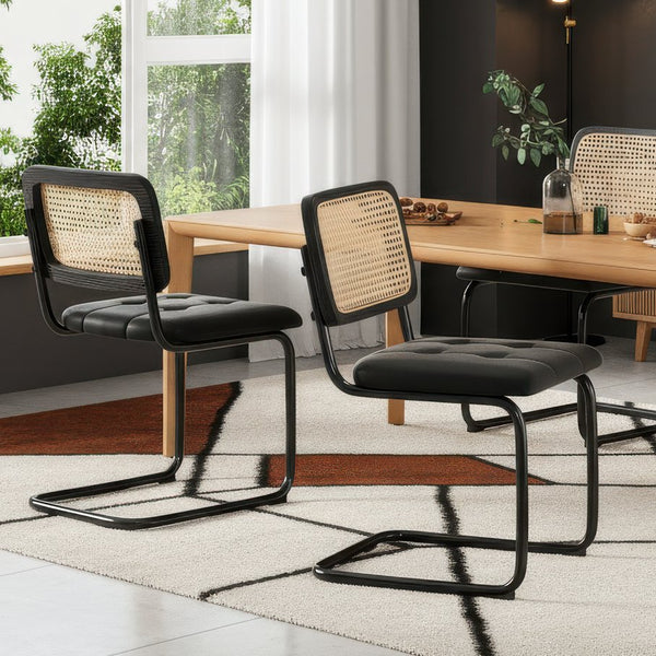 English Elm Kitchen Mid-Century Dining Chairs Set of 2 with Rattan Backrest, Cantilever Aluminum Legs, 300lb Capacity Black PU T3623P408455