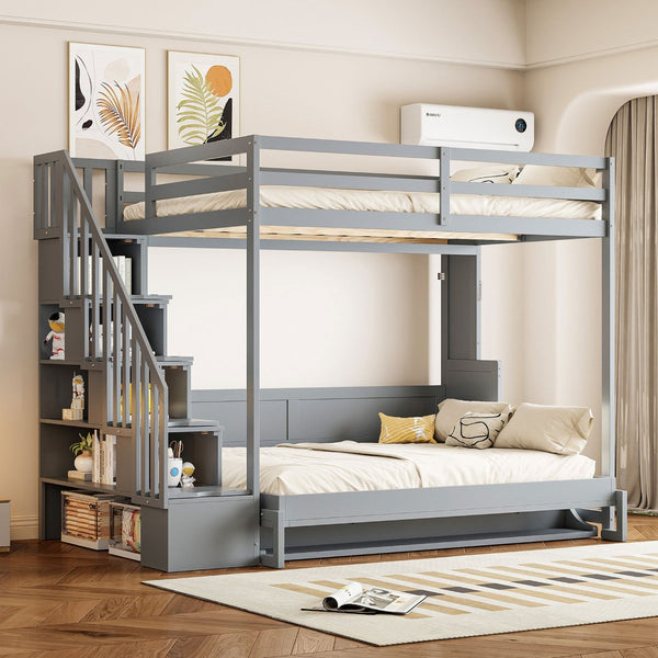 English Elm Full Over Murphy Bunk Bed with Hydraulic Lift Desk and Staircase Storage Gray LP200698AAE