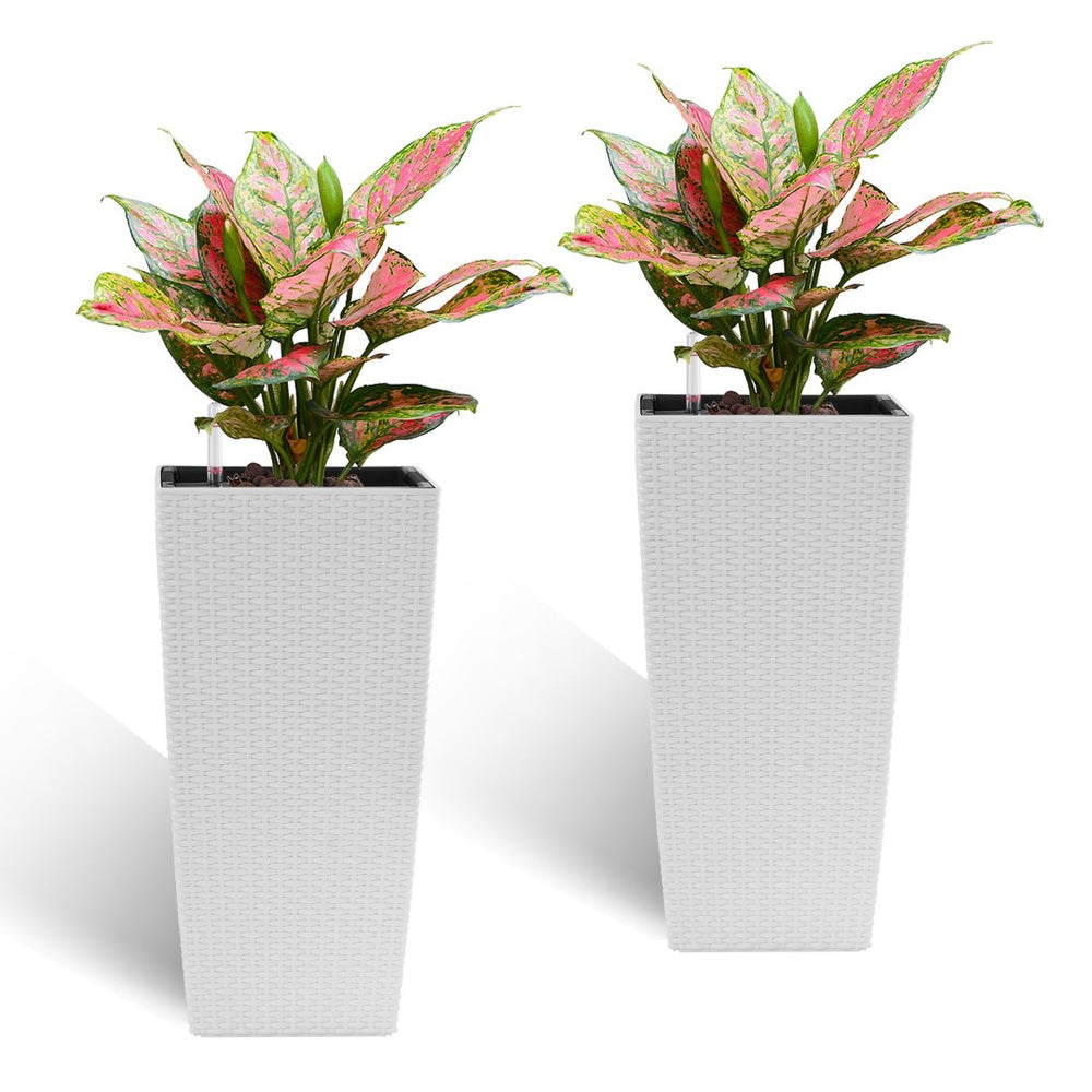 English Elm Pack of 2 Tall Square Faux Rattan Outdoor Planters with Self Watering System White W3213P325418