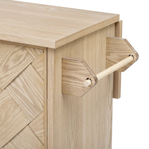 English Elm K&K Farmhouse Kitchen Island with 3D Wave Stripes Ash Veneer, Drop Leaf, Rolling Cart Storage Natural Wood N707P207916Y