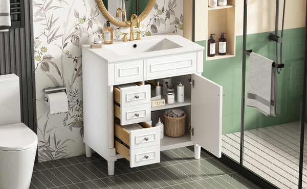 English Elm 30" Bathroom Vanity with Sink — Freestanding Modern Cabinet with Soft-Close Door, 2 Deep Drawers, Durable Basin White N710P288938K