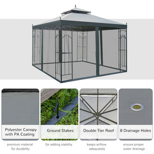 English Elm Gazebo Double Tier Vented Canopy with Steel Frame Mesh Walls and Weather Resistant Cover T3971P387907
