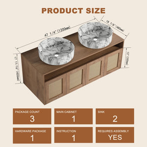 English Elm 48" Floating Bathroom Vanity Oak Finish Dual Ceramic Sinks Four Soft Close Doors W999S00494